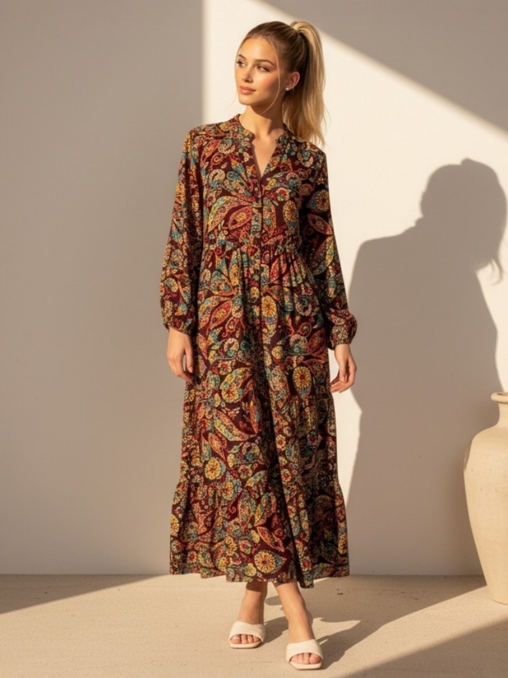 Me 2 Magic Anthropologie Women's Boho Paisley Maxi Dress Size 3X Pleated Silky